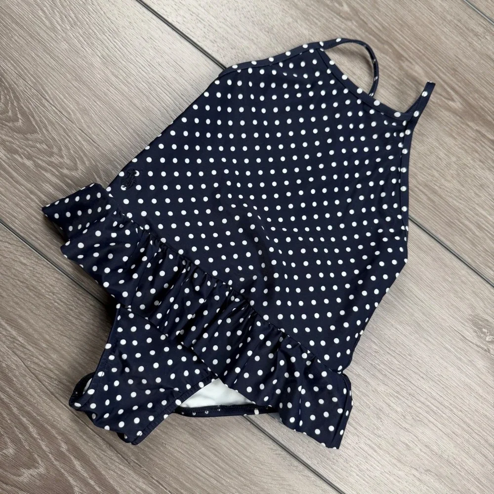 Ralph Lauren Girls Swimsuit Polka Dot Ruffle Navy Blue 18M